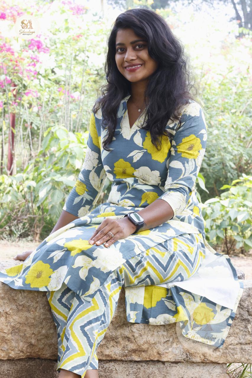 Floral Print Cotton Co-Ord Set - Dusty Blue